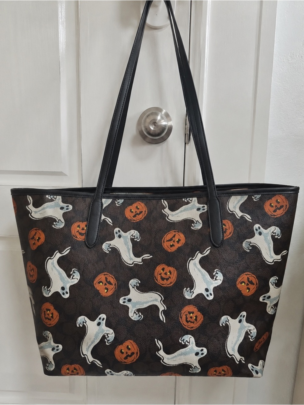 Coach Black Tote with White Ghosts & Orange Pumpkins - Picture 3 of 3